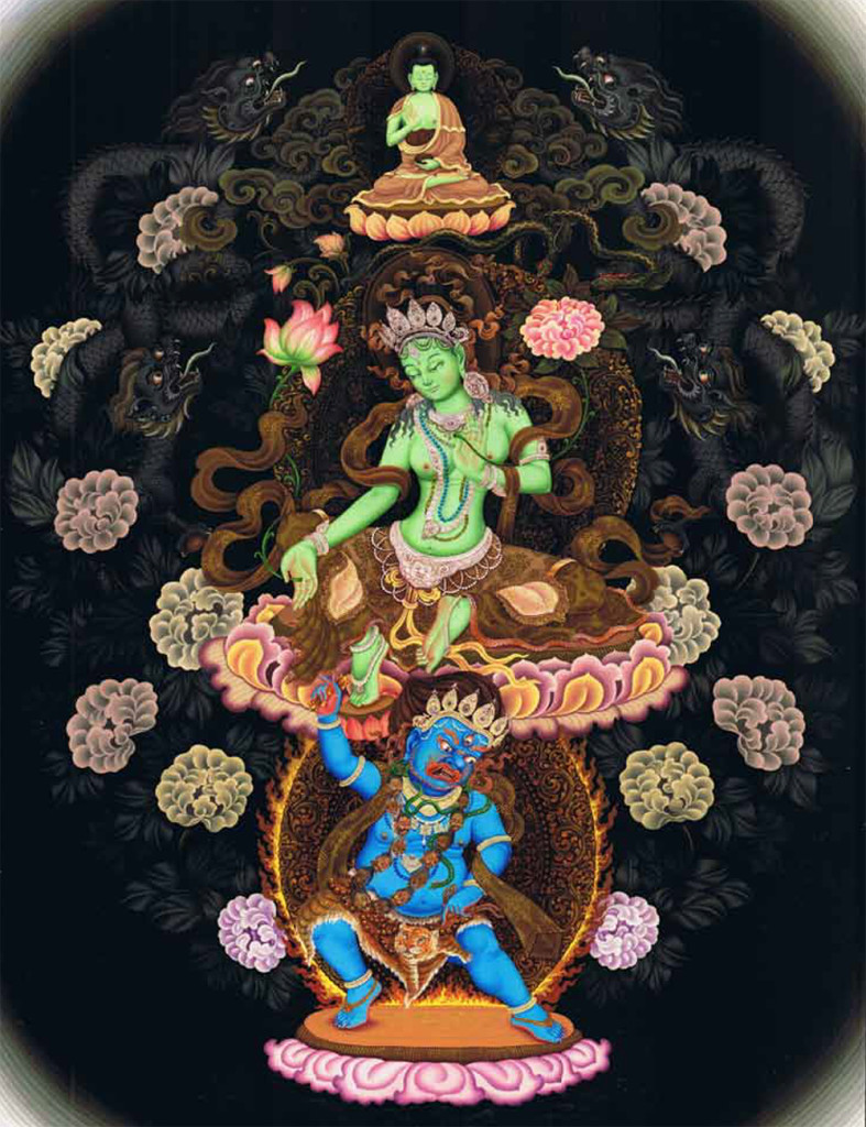 “Amoghasiddhi Buddha, Green Tara and Vajrapani” (2006, gouache on cotton)